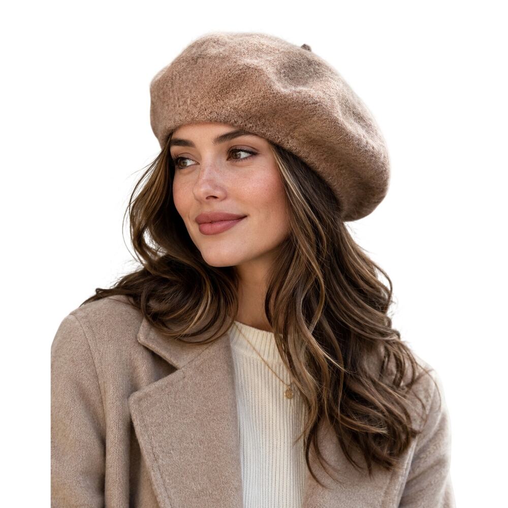Soft Camel Beige Knit Beret Fuzzy Parisian Style Slouch Hat
